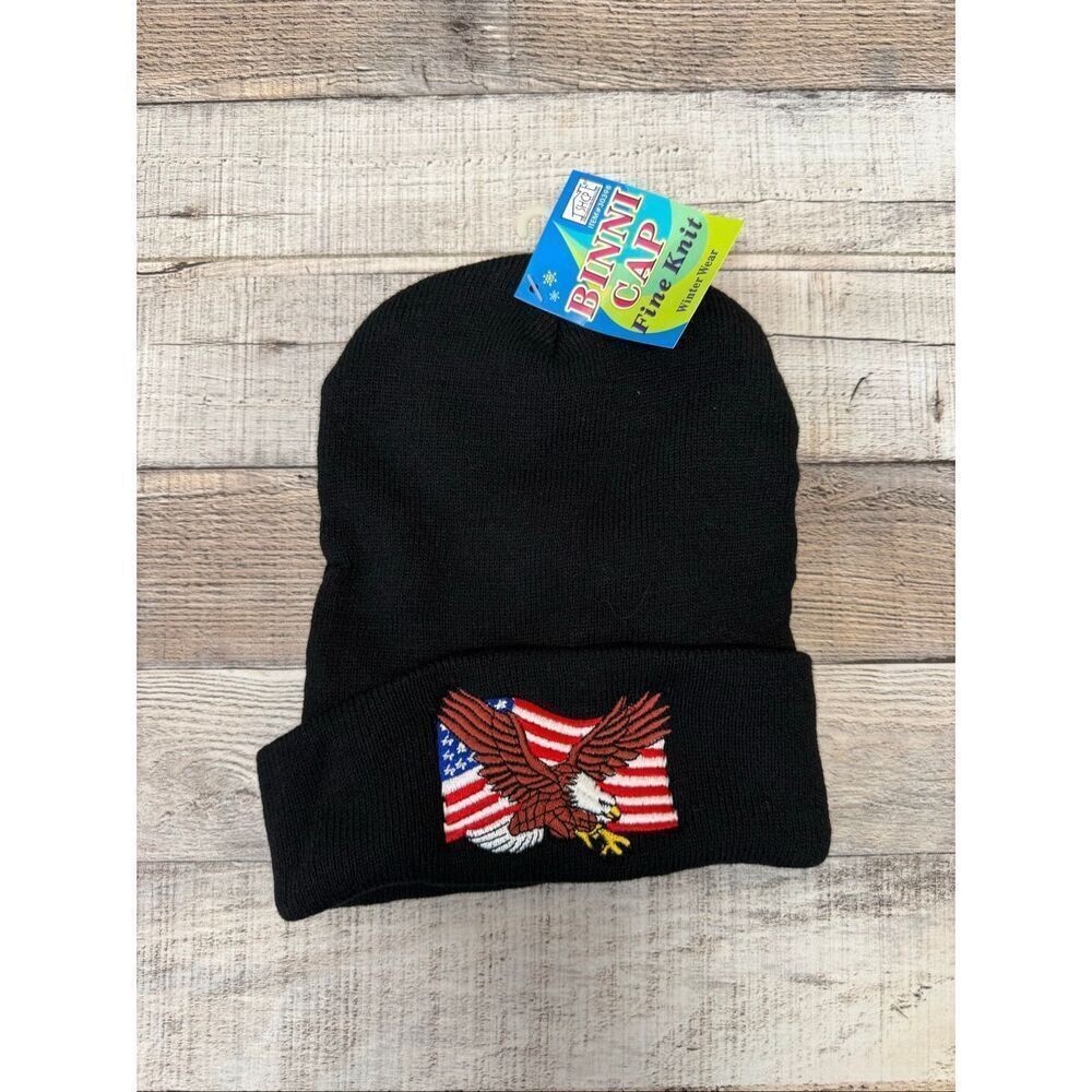 USA Flag Eagle Beanie Washable Adult Black Knit 100% Acrylic Ski Snow Outdoors